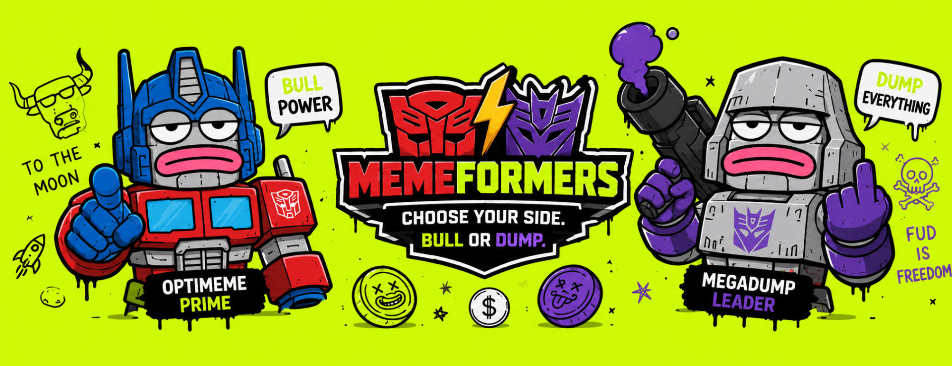 MemeFormers home poster showing Optimeme Prime vs Megadump Leader